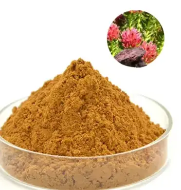 Brown herbal extract powder in a glass dish with a rhodiola rosea plant and root shown in a circular inset