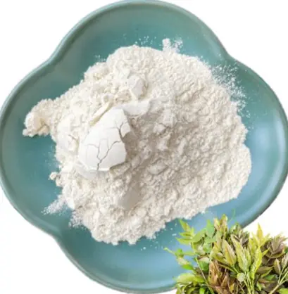 White herbal powder piled on a teal flower-shaped plate with green leafy herb beside it