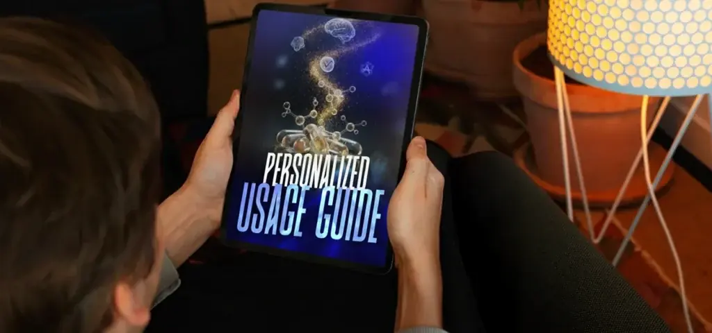 Person holding a tablet displaying "Personalized Usage Guide" ebook cover with molecular and brain icon graphics